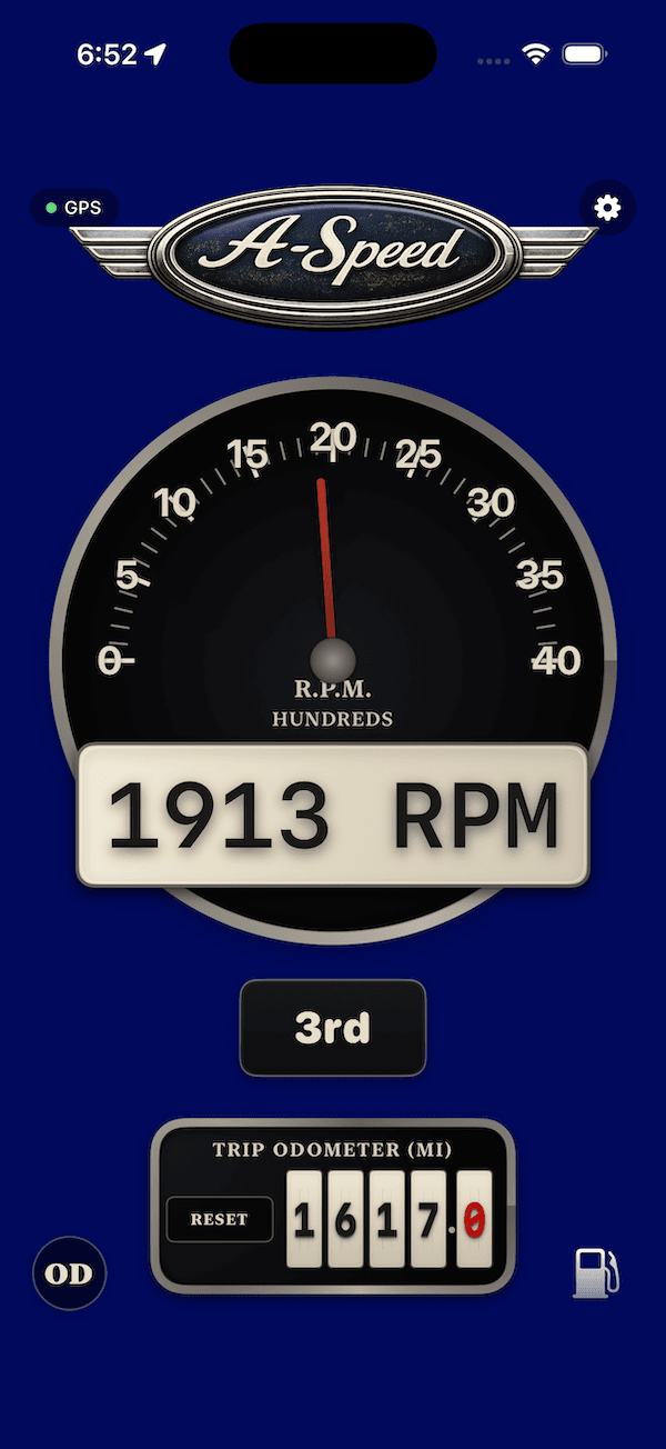 A-Speed RPM focus dashboard showing large vintage tachometer view