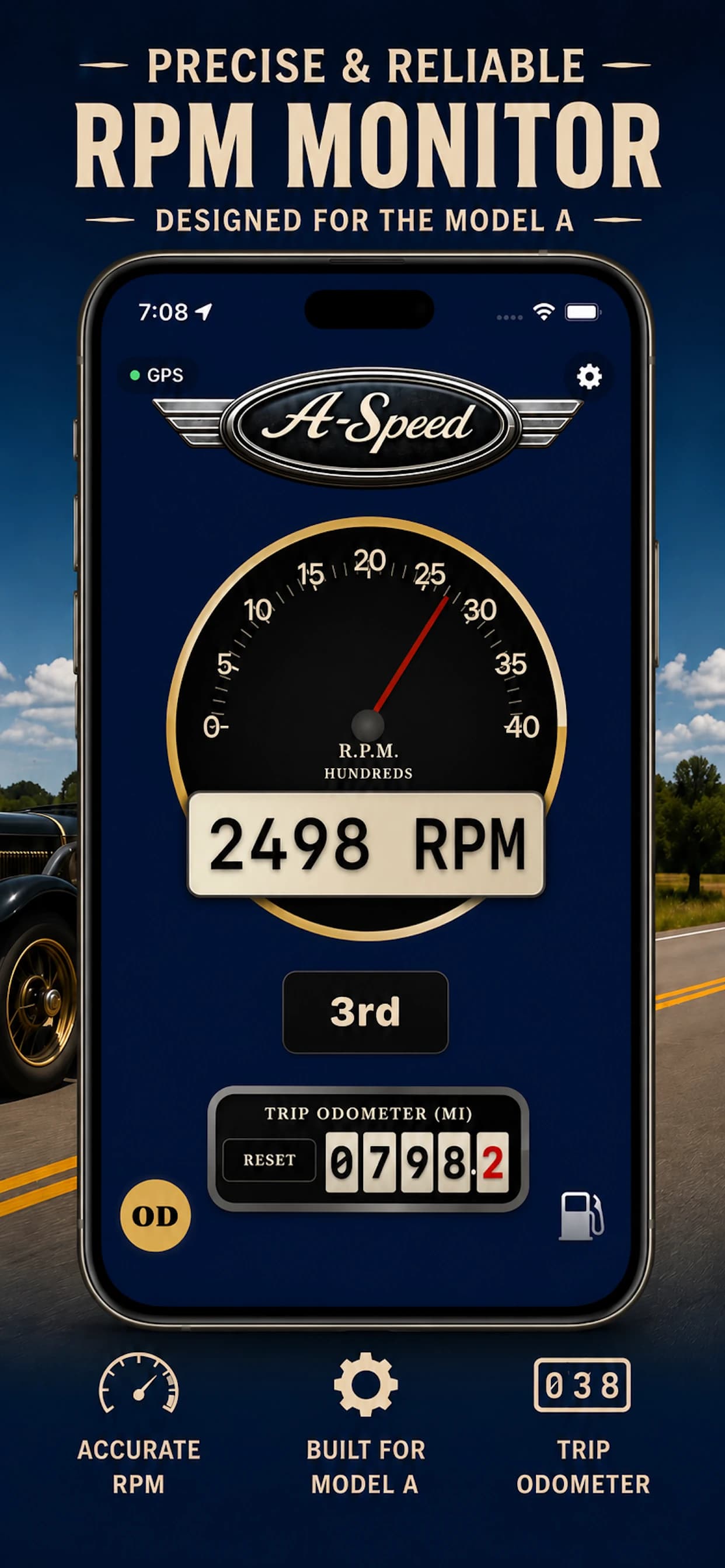 A-Speed RPM focus dashboard showing large vintage tachometer view
