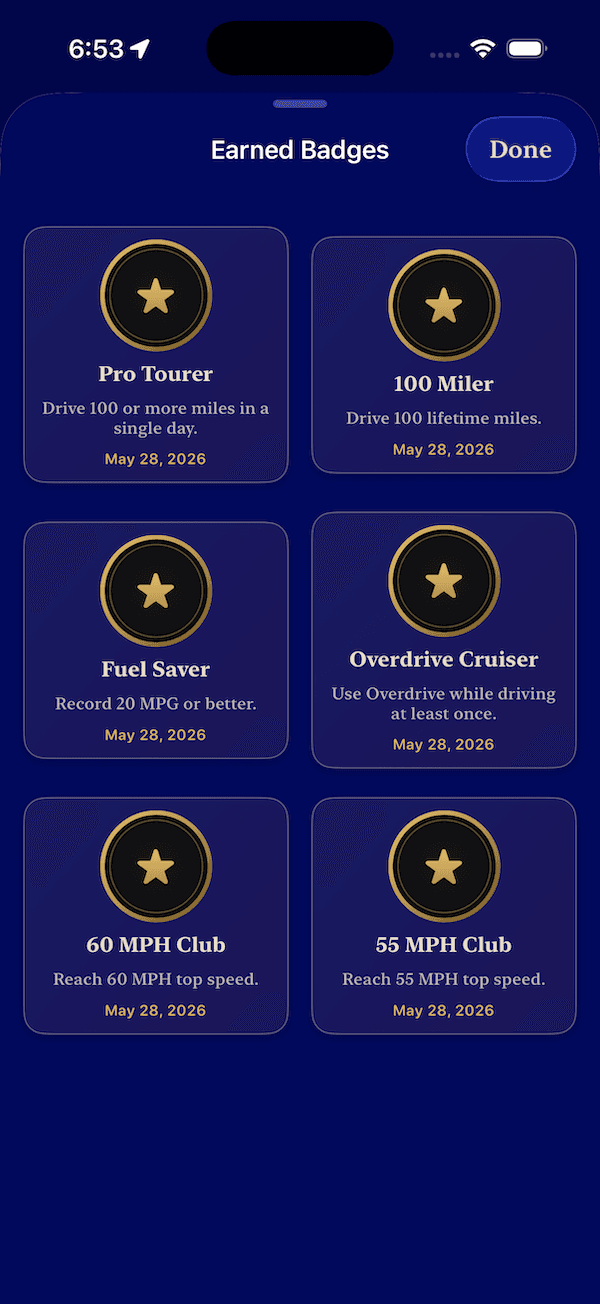 A-Speed achievements and badges screen showing milestones and earned awards