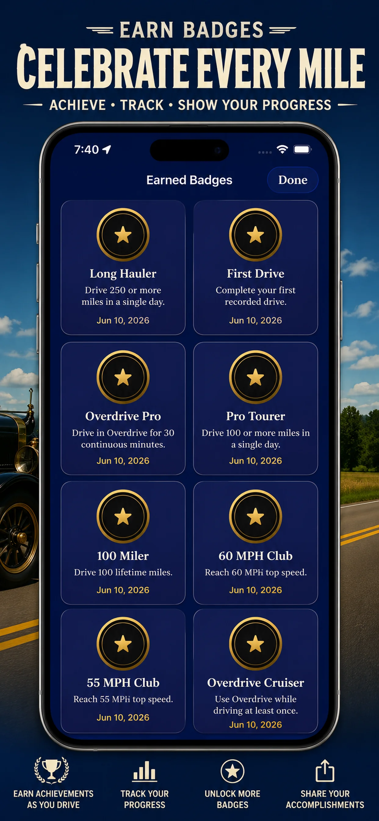 A-Speed achievements and badges screen showing milestones and earned awards