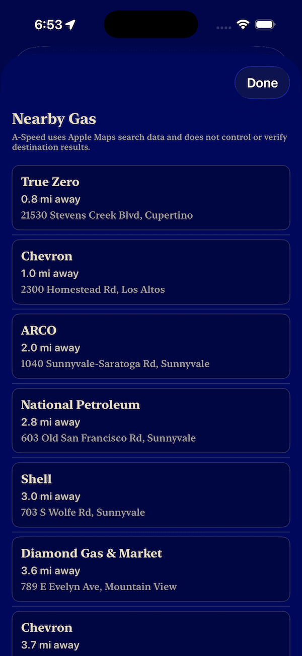 A-Speed nearby gas stations screen