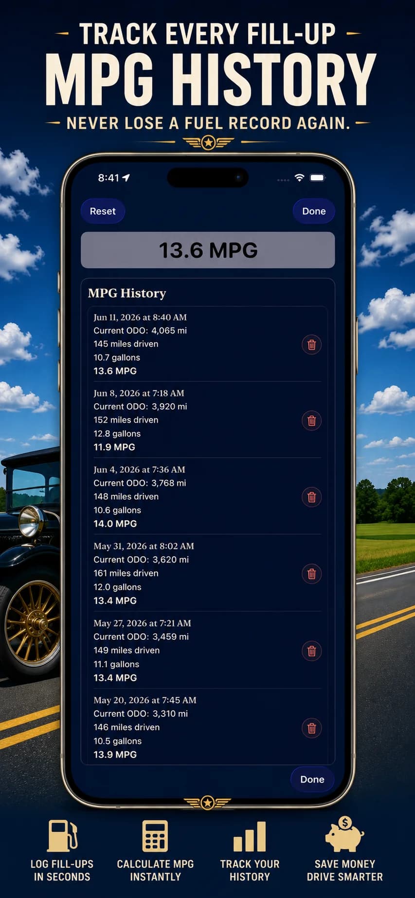 A-Speed MPG history showing past fill-ups and fuel economy records