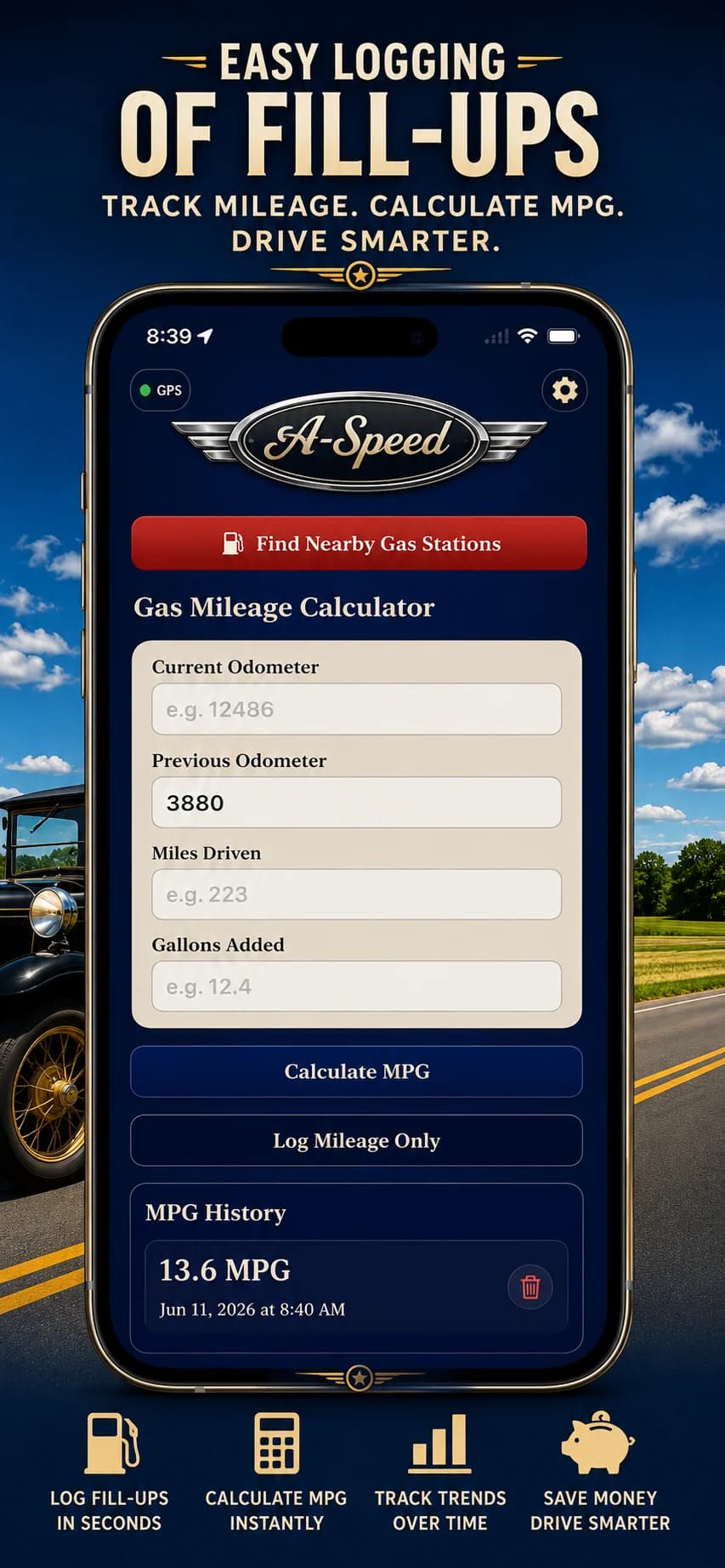 A-Speed fuel economy calculator showing MPG and KM/L