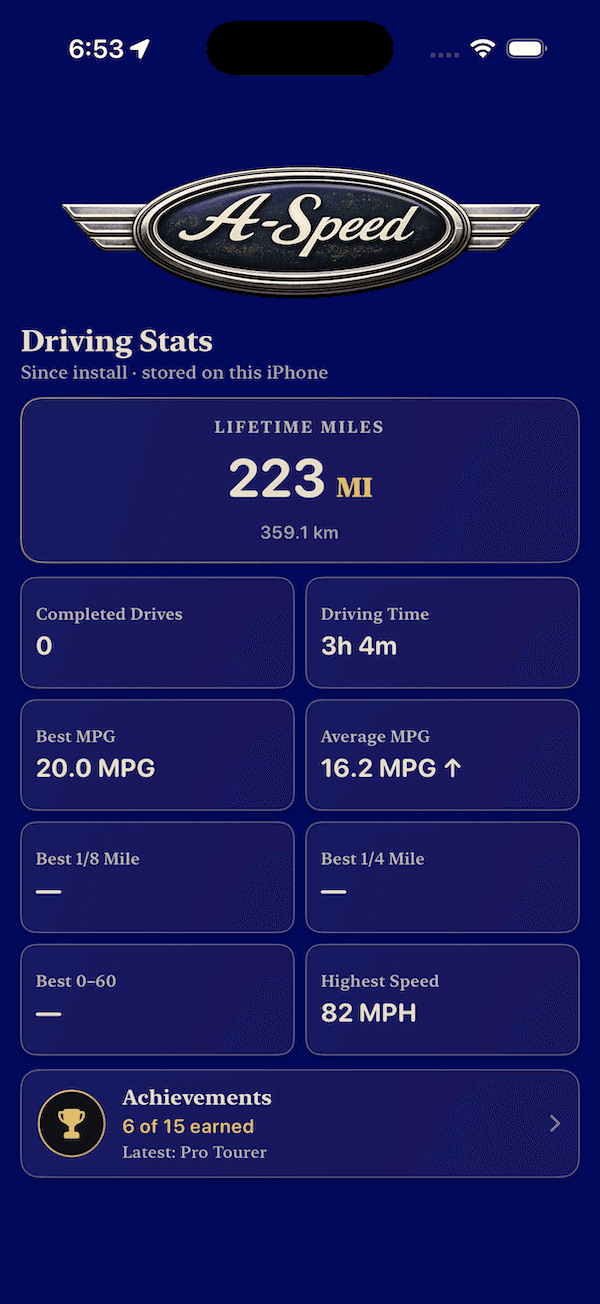 A-Speed driving stats screen showing top speed, acceleration times, and driving history
