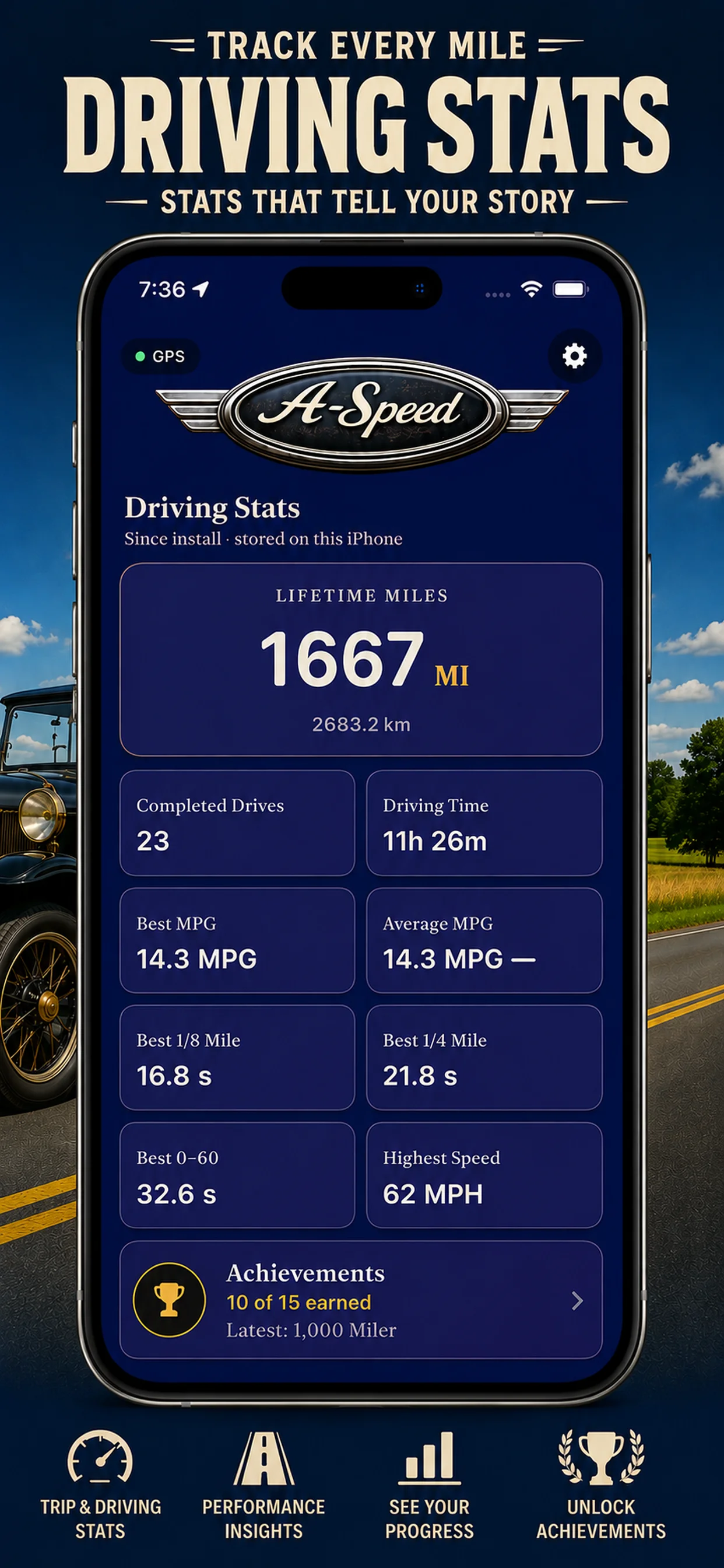 A-Speed driving stats screen showing top speed, acceleration times, and driving history