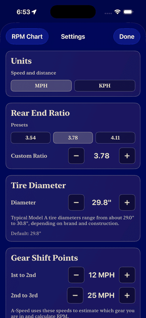 A-Speed settings screen showing customizable Model A Ford drivetrain and unit options