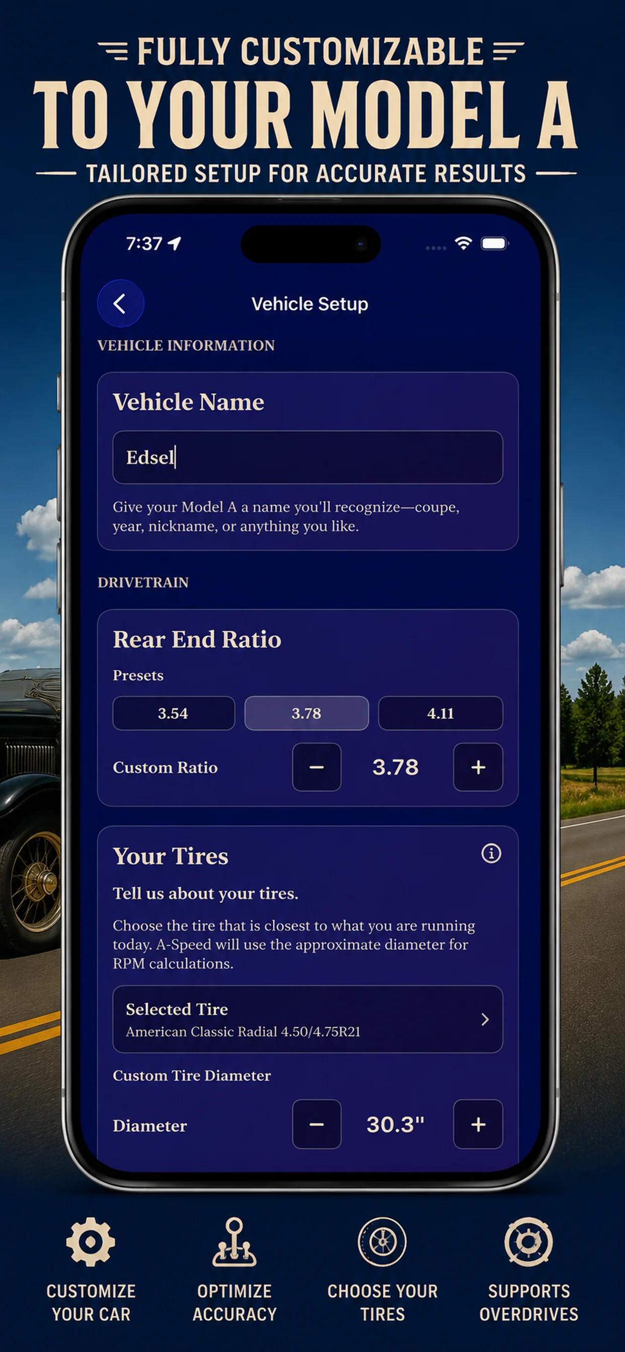 A-Speed vehicle setup screen showing Model A drivetrain and unit options