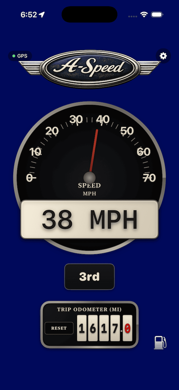 A-Speed portrait MPH focus view showing a large vintage speedometer readout