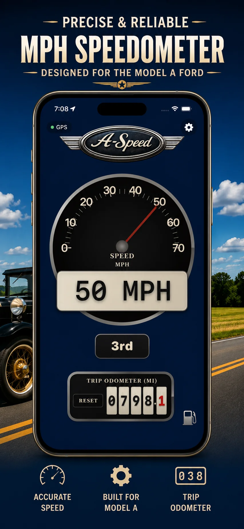 A-Speed portrait MPH focus view showing a large vintage speedometer readout