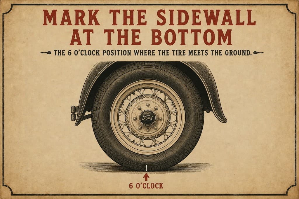 Model A Ford wheel showing a tire mark at the 6 o'clock position used when determining rear-end ratio.