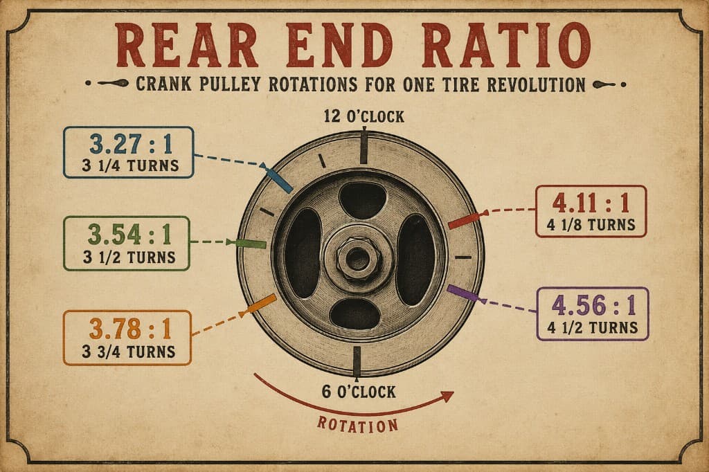 Model A Ford rear-end ratio reference chart showing crank pulley rotation positions for 3.27, 3.54, 3.78, 4.11, and 4.56 to one ratios after one tire revolution